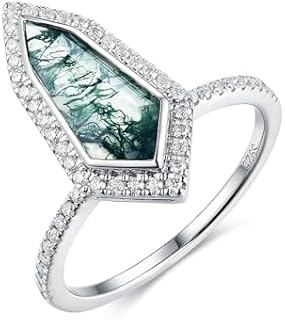Bezel Set Engagement Ring with Side Stones - Natural Moss Agate Gemstone for Women - Solid 925 Sterling Silver Shield Shape - Ideal for Weddings & Engagements