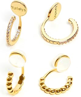 Clip on Hoop Earrings for Women, 14K Real Gold Plated Non Pierced Small Hoop Cubic Zirconia, Fake Piercing Mini Beaded Hoop Earrings Set 2 Pairs