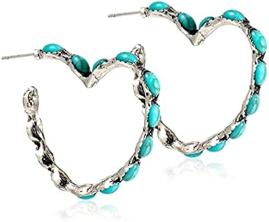 Western Turquoise Bohemian Hoop Earrings with Zinc Clasp, Gem-Free Heart Shaped Design for Stylish Women