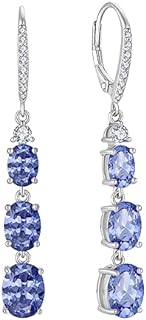 Women 925 Sterling Silver Birthstone 3-stone Long Leverback Drop Dangle Earrings with 5A Cubic Zirconia Jewelry Gift for Her Mother Daughter Wife