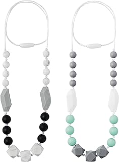 2PCS Baby Teething Necklace for Mom to Wear, Babies Nursing Necklaces for Kids, Sensory Teether Toys for Toddlers Children Adults Baby Shower Birthday Gift (Green Grey Black)