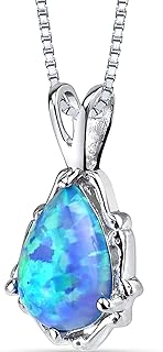 PEORA Created Powder Blue Opal Vintage Teardrop Solitaire Pendant Necklace for Women 925 Sterling Silver, 1 Carat Pear Shape 10x7mm with 18 inch Chain