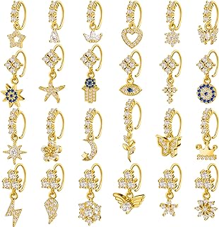 Bonuci 24 Pcs Dangle Nose Rings Hoops 20g Heart Star Moon Flower Cute Nose Rings Nose Piercing Hoop Jewelry Cartilage Earring for Women and Girls