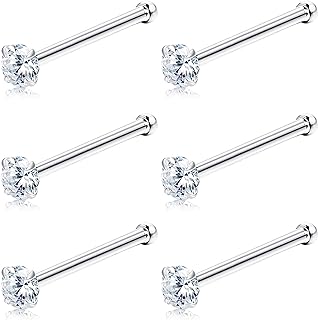 Sllaiss 6Pcs 20G Sets with Austria Zirconia Nose Ring Studs 316L Stainless Steel Hypoallergenic 1.5mm 2mm Nose Piercing Set Body Jewelry
