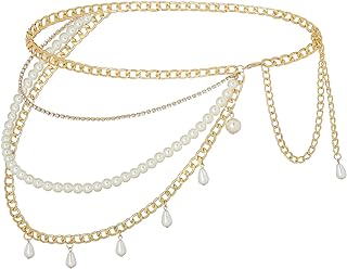 Cowking Layered Pearl Waist Chain Rhinestone Chain Belt Body Chains Pearl Pendant Adjustable Jewelry Accessories for Women and Girls