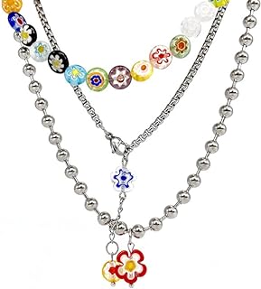 Flower Choker Necklace Multilayer Layered 316 Titanium Steel Handmade Simple Fashion Trendy Boho Cute Pearl Colorful Daisy Beads Necklace for Women Teen Girls