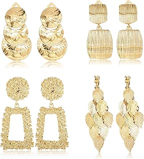 FINREZIO 4-6 Pairs Clip On Drop Earrings Set Leaf Round Trapezoid Square Rectangle Golden Metal Geometric Clipon Earrings-Non Piercing Dangle Earrings