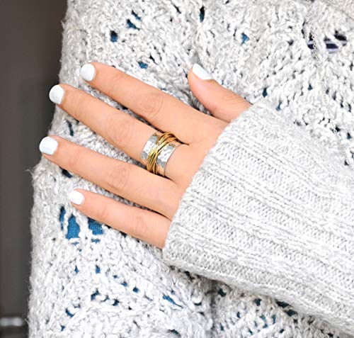 925 Sterling Silver Band Ring for Women with Brass Wrap Wide Statement Ring