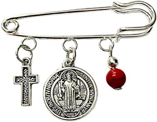 Religious Brooch with Murano Gel Beads and Charms - Silverplated - Gift for Birthdays, Valentine's, Christmas, Mother's Day, Comes in Gift Box with Prayer