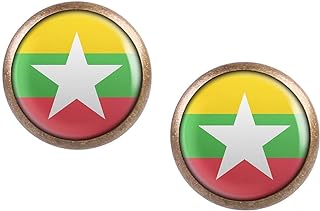 Chic Bronze Stud Earrings with Cabochon Cut Glass, Myanmar Naypyidaw Flag Design, Perfect for Cultural Enthusiasts and Patriotic Souls