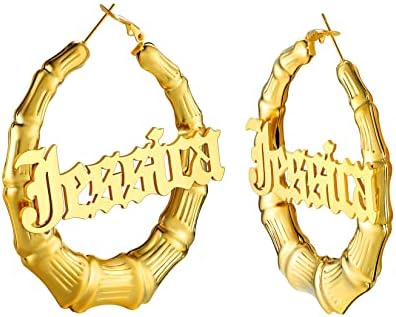 U7 Bamboo Earrings for Women Stainless Steel/Personalized Black/18K Gold Plated Statement Extra Large Hoop Earrings Hip Hop Name Hoops Earrings for Party Fashion Jewlery (Gift Packed)