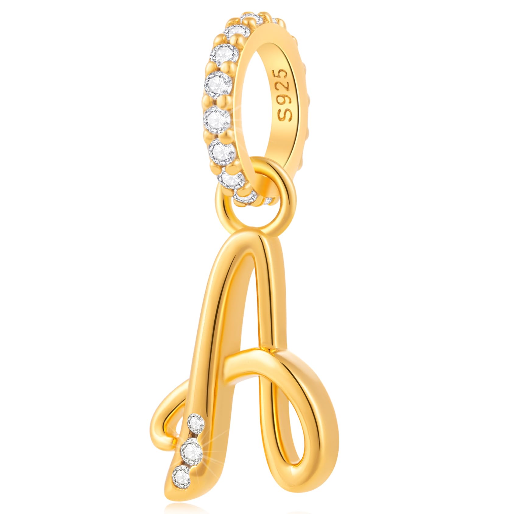 GEMDAZZ 18k Yellow Gold Plated 26 Letter Dangle CZ Charms, 925 Sterling Silver Complete Initial A-Z Alphabet Beads, fits European Name Bracelet, Gift for Mother/Birthday/Daughter/Son/Sister/BFF