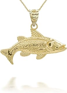 Trout Fish Pendant Necklace With Chain Real Solid 14K Gold