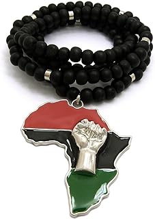 Mens Large Fist Power in Africa Map Shape Pendant Moon Cut Gold Bead, Black Wood Bead Chain Necklace