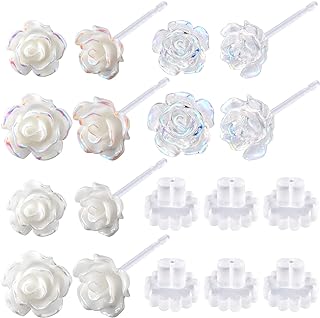 HINZIC 6 Pairs 6mm 8mm Plastic Clear Earrings 3D Rose Earrings Stud Post Hypoallergenic for Sensitive Ears Women Teen Girls Valentines Wedding Prom Mothers Day Gift