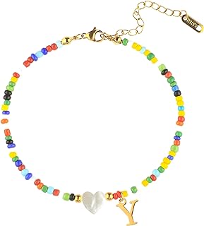 Amethyst Gem Women's Anklet with Brass Bead Chain and Initial Detail by MOLUONAQI, Boho Summer Style for Women and Girls