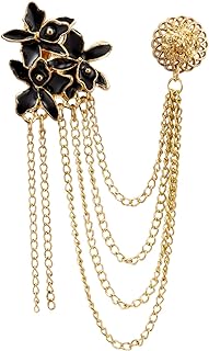 Knighthood Abstract Floral Brooch Pin with Dangling Chain in Black & Gold Hue, Metal Alloy, Pin Clasp, 30mm Width