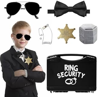 Ring Bearer Security Wedding Gifts Box Set, Include 1Pcs Sunglasses, 1PCS Acoustic Earpiece Tube, 1PCS Ring Security Badge, 1PCS Wedding Ring Box, 1PCS Bow Tie for Kids
