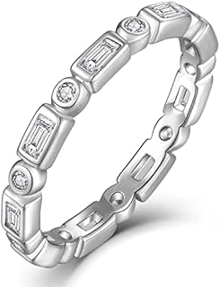 Aquamarine Stackable 925 Sterling Silver Ring with Cubic Zirconia Gem for Women, Round Cut Anniversary Promise Design