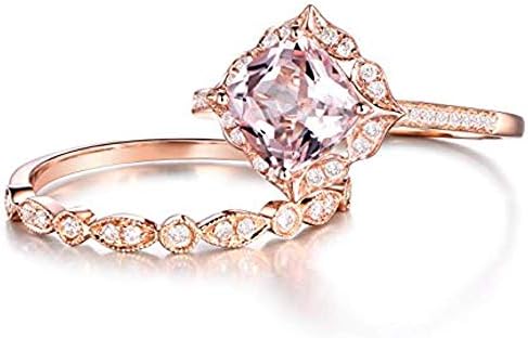 2pcs Morganite Bridal Ring Set Engagement Ring 925 Sterling Sliver CZ Diamond Wedding Band 7MM Cushion Cut Promise Ring Vintage Floral,Art Deco Ring For Womens