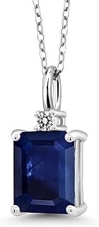 Gem Stone King 925 Sterling Silver Blue Sapphire and White Diamond Pendant Necklace For Women | 2.48 Cttw | Gemstone September Birthstone | Emerald Cut 9X7MM | With 18 Inch Silver Chain
