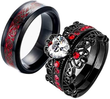 Couple Rings Black Plated Heart Red Cz Womens Wedding Ring Sets Crown Ring Titanium Man Wedding Bands（Please Buy 2 Rings for 1 Pair）