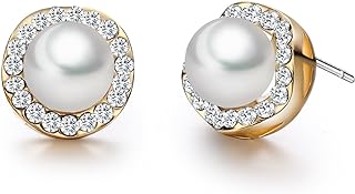 18K Rose Gold-Plated Stud Earrings with White Shell Pearls and Cubic Zirconia Halo Design for Women, with Bullet Clutch Backs