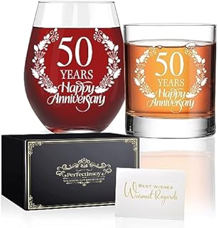50 Years Happy Anniversary Whiskey Glass and Stemless Wine Glass Gift Set, 50th Anniversary Wedding Gift For Mom, Dad, Soulmate, Couple, 50 Years Gifts, Happy 50th Anniversary