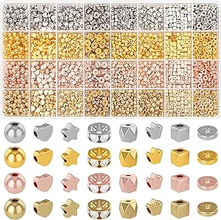 2240 Pieces Spacer Beads for Jewelry Making in 8 Styles, Assorted Gold Beads For Bracelets Making, Round beads Flat beads Star beads Bracelet spacers Beads for Crafts(Gold, Sliver, Rose Gold, KC Gold)