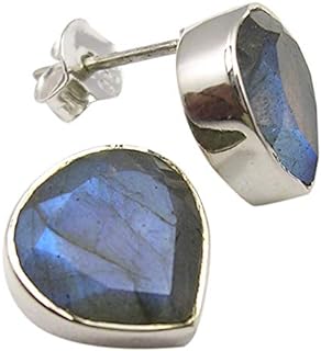 SilverStarJewel 925 Solid Silver Labradorite Stud Earrings 0.4" 3.0 Grams Ladies Engagament