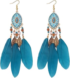 Boucles d'Oreilles Plume YAZILIND avec Perles Ethniques et Style Bohème, 11.5cm, Idéales pour Soirées Déguisées ou Cosplay, Parfaites pour Femmes