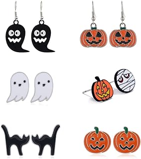 ZHOUMEIWENSP Halloween Themed Earrings Set - 6 Pairs of Alloy Ghost, Pumpkin and Cat Drop Earrings for Women and Girls