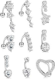 SAILIMUE 9 Pcs Surgical Steel Belly Button Rings for Women 14G Belly Ring CZ Heart Reverse Navel Ring Dangle Belly Piercing Jewelry Pack