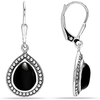 Black Onyx and Blue Sapphire Sterling Silver Dangle Earrings with Lever Back for Women and Teens