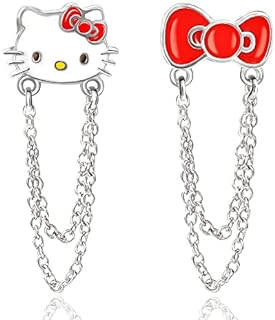 SALLY ROSE Sanrio Hello Kitty Womens Mismatch Earrings - Sterling Silver Hello Kitty Earrings with Dangle Chain Officially Licensed