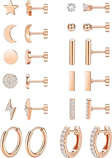 Screw-Back Stainless Steel Flat Back Stud Earrings by FASACCO - Hypoallergenic Hoop & Bar Design Set for Women with Multiple Piercings - Elegantly Styled with Rose Gold Plating