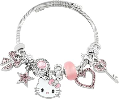 Hello Jewelry Kitty Bracelet Friendship Charms Braclet, Adjustable Stainless Steel Kawaii Pink Bangle Bracelets, Charm Matching Bracelets for Women and Teen Gifts