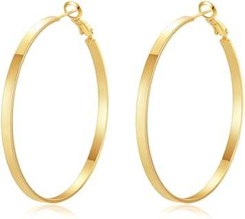 3mm Flat Large Gold Hoop Earrings 925 Sterling Silver Post Hypoallergenic 14K Real Gold Plated 5mm Wide Big Gold Hoop Earrings for Women 20/30/40/50/60/70mm