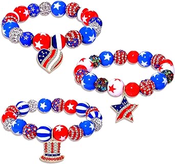 Women's American Flag Beaded Bracelets with Crystal Star & Heart Charms - Bead Chain Lobster Claw Clasp, Set of 6