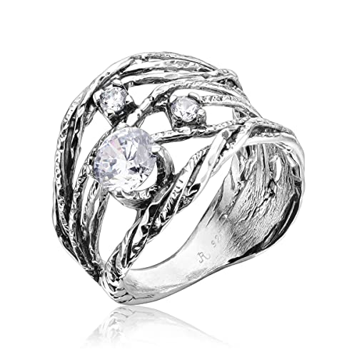 JEAN RACHEL JEWELRY 925 Sterling Silver Ring With a White Round Clear Cubic Zirconia CZ Prong, Hypoallergenic, Nickel and Lead-free, Artisan Handcrafted Designer Collection, Made in Israel