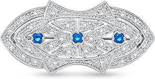 Art Deco Style Scarf Brooch Pin For Women Blue Clear CZ Simulated Sapphire Silver Plated Brass