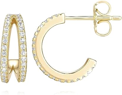 14K Gold Double Hoop Earrings with Cubic Zirconia Accents for Women - Hypoallergenic, Lightweight, and Durable Design for Everyday Wear - 13mm Size
