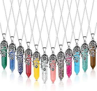 Sureio 12 Pcs Healing Crystal Necklace Hexagonal Healing Crystal Flower Wrapped Crystal Point Pendant Necklace Healing Pendents Natural Quartz Point Necklace with Chain for Women, M, natural stones,