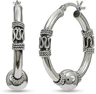 LeCalla Sterling Silver Oxidized Two-Tone Light-Weight Bali Hoop Click-Top Earrings for Women