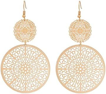 Filigree Disc Drop Earrings Double Round Disc Statement Earrings Metallic Brass Disc Dangle Hook Earrings