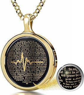 NanoStyle Women's 'I Love You' in 100 Languages Heartbeat Pendant Necklace with Black Onyx Gemstone, 14k Yellow Gold Detailing, and 18" Rolo Chain