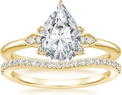 2 CT Pear Cut Moissanite Curve Bridal Sets Engagement Ring Set, Yellow Gold Wedding Band, Customizable in Sterling Silver, 10k, 14k, 18k Gold