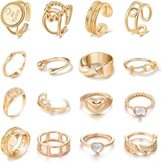 16 Pcs Gold Chunky Rings for Women 18K Gold Plated Thick Ring Braided Twisted Round Signet Stacking Open Rings Set Adjustable