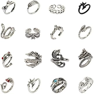CrazyPiercing Vintage Open Rings Silver Plated Adjustable Rings Cute Frog Dragon Snake Cat Chunky Animal Goth Aesthetic Rings Set for Women Men Teen Girls(16Pcs)