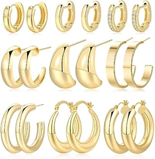6 Pairs Chunky Gold Hoop Earrings Set for Women 14K Gold Plated Hypoallergenic Thick Open Huggie Hoop Set Jewelry for Gifts